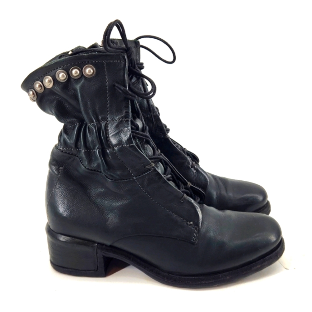 A.S.98 Black Leather Lace-Up Ankle Boots with Stud Trim